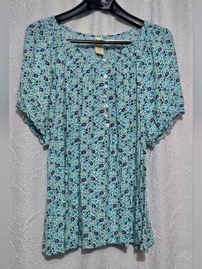 Faded Glory Womens Blouse Sz 2X (18-20W) Blue Floral 1/4 Button Short Sleeve